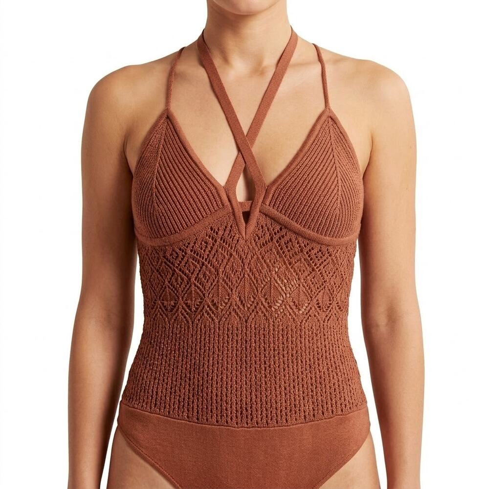 Abercrombie and Fitch Brown Thong Knit Crochet Halter Strappy Bodysuit Size L - Picture 2 of 10